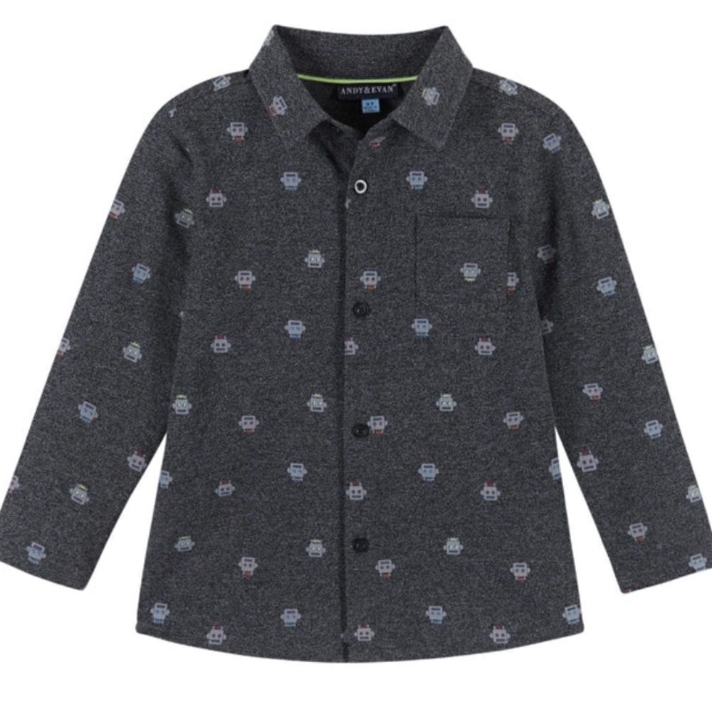 Andy and Evan Boys Robot Pique Knit Buttondown gray NWT size 5
